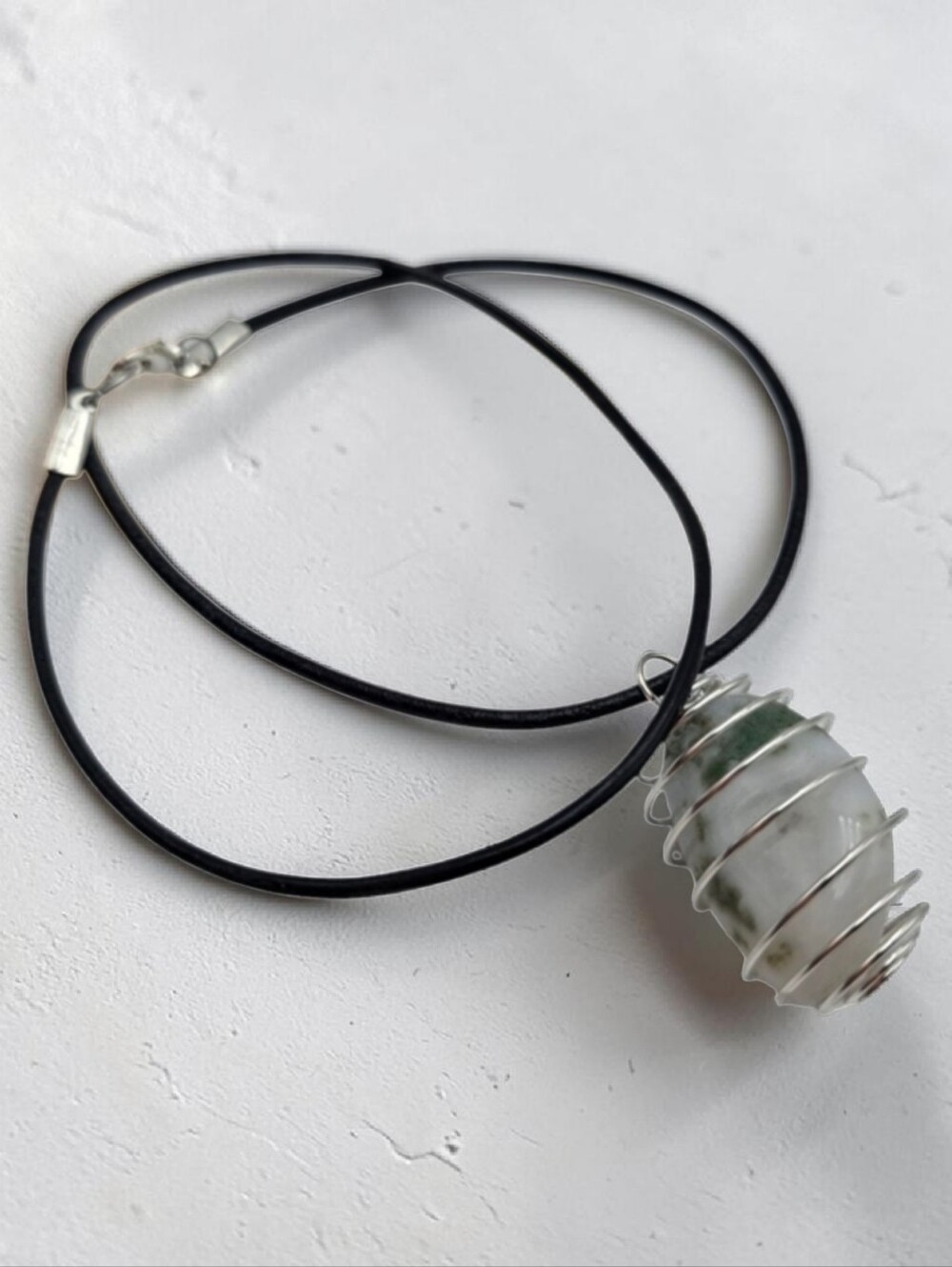 Handmade Tree Agate Pendant Silver Spiral Cage Necklace Boho Crystal Jewelry